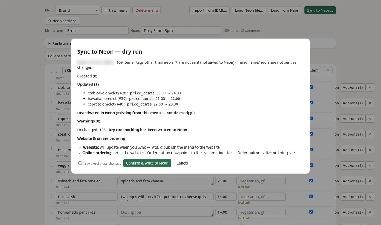 The Sync to Neon dry run, listing three price changes before anything is written