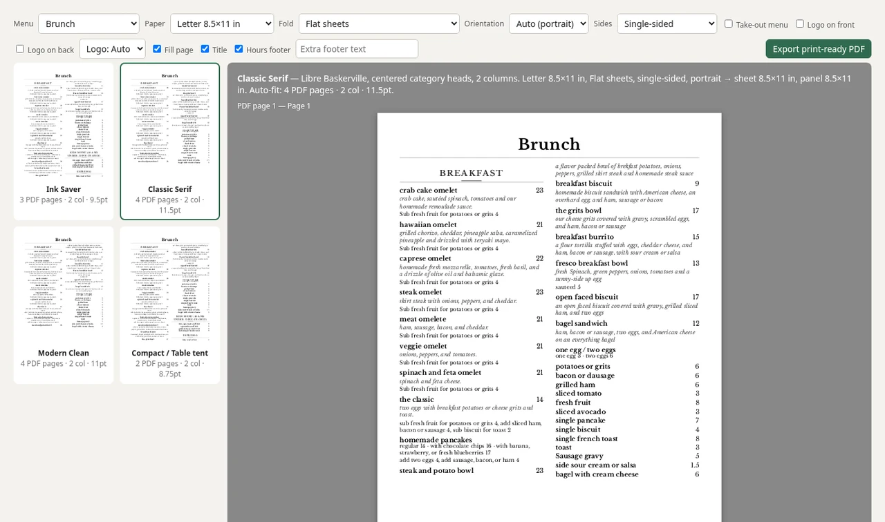 The Print tab with four print styles and a live Classic Serif menu preview