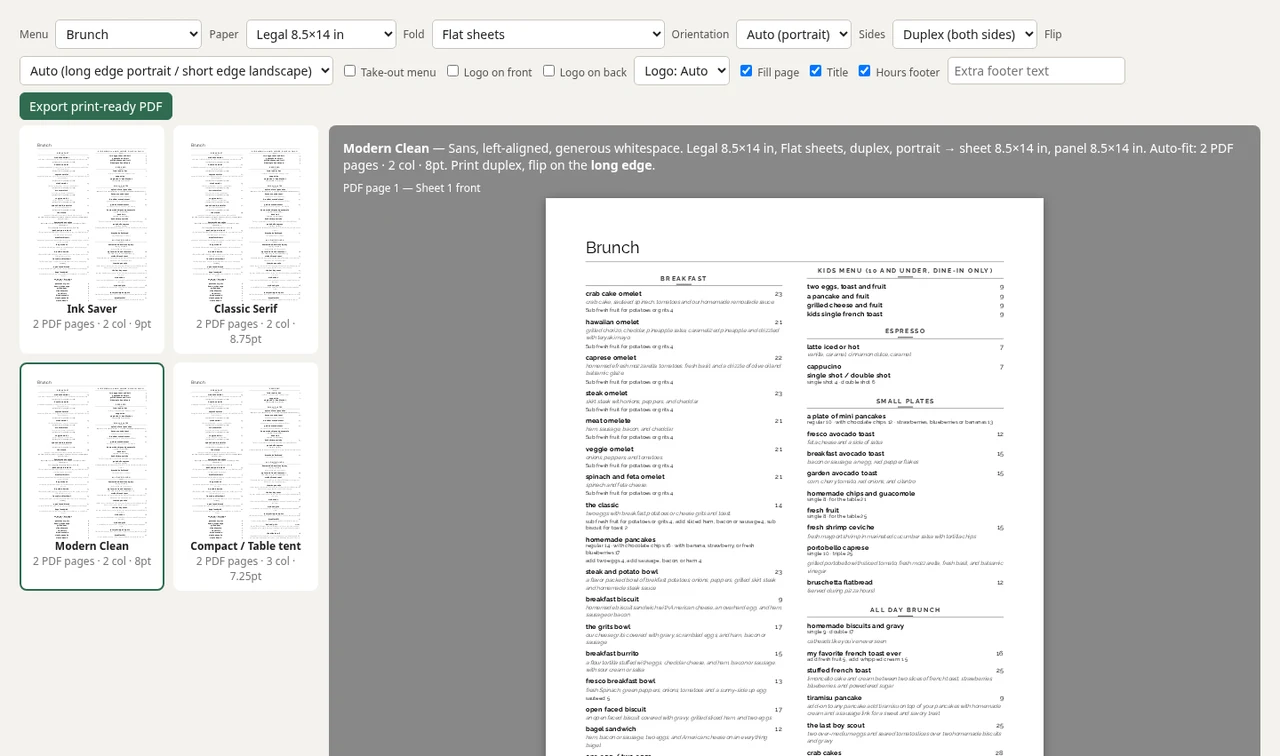 The layout chooser with Fill page turned on, sizing a brunch menu to the sheet